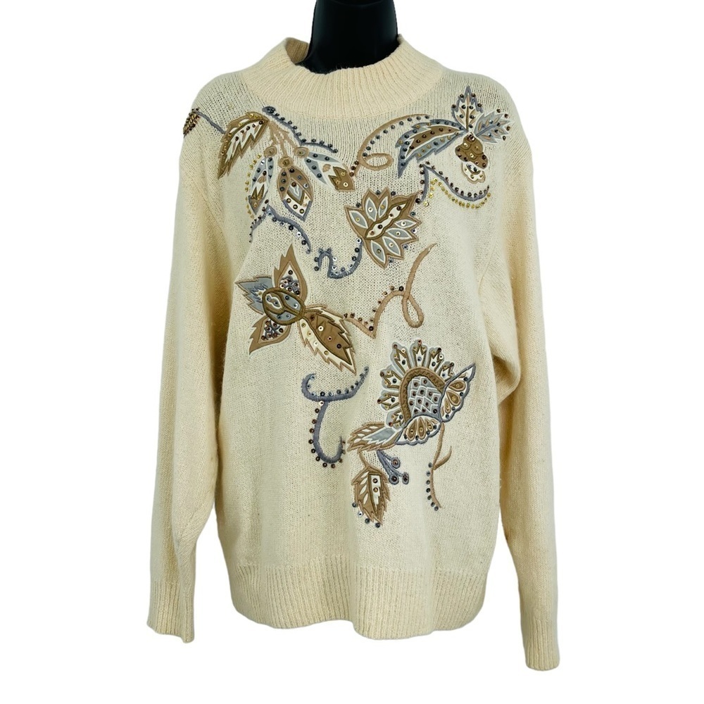 Vintage silk rabbit hair lambswool sweater embellished sequin embroidered size M
